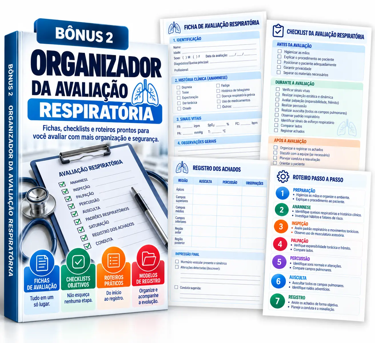 Mockup do bônus 2, Organizador da Avaliação Respiratória, com capa, ficha e checklist
