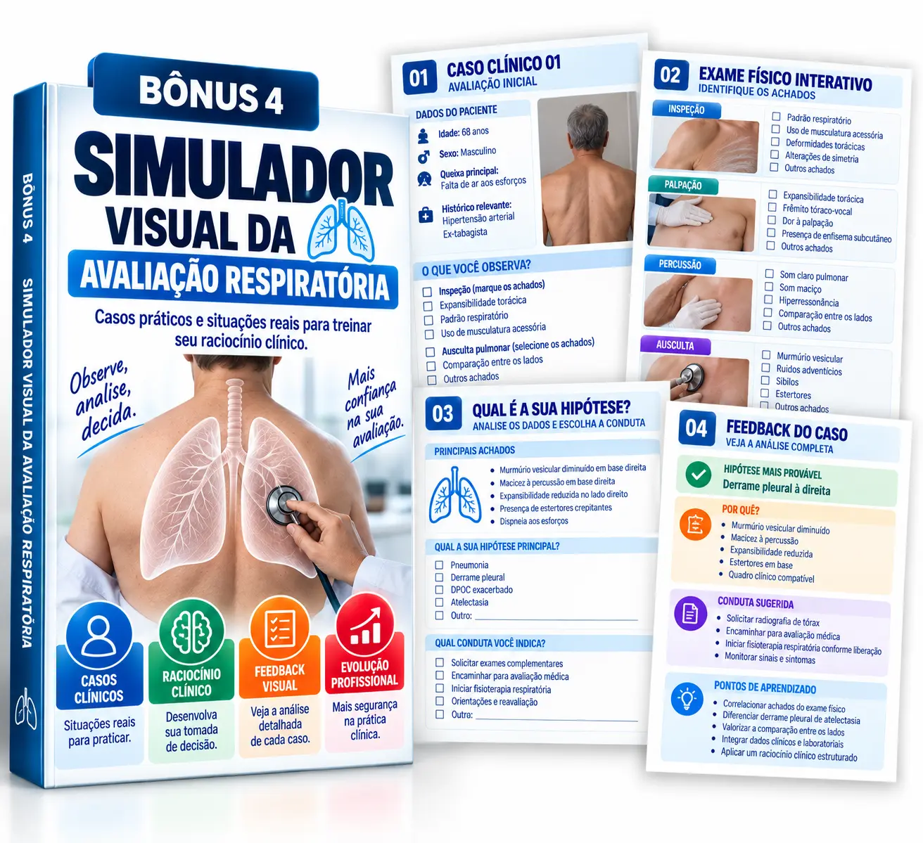 Mockup do bônus 4, Simulador Visual da Avaliação Respiratória, com capa e páginas internas